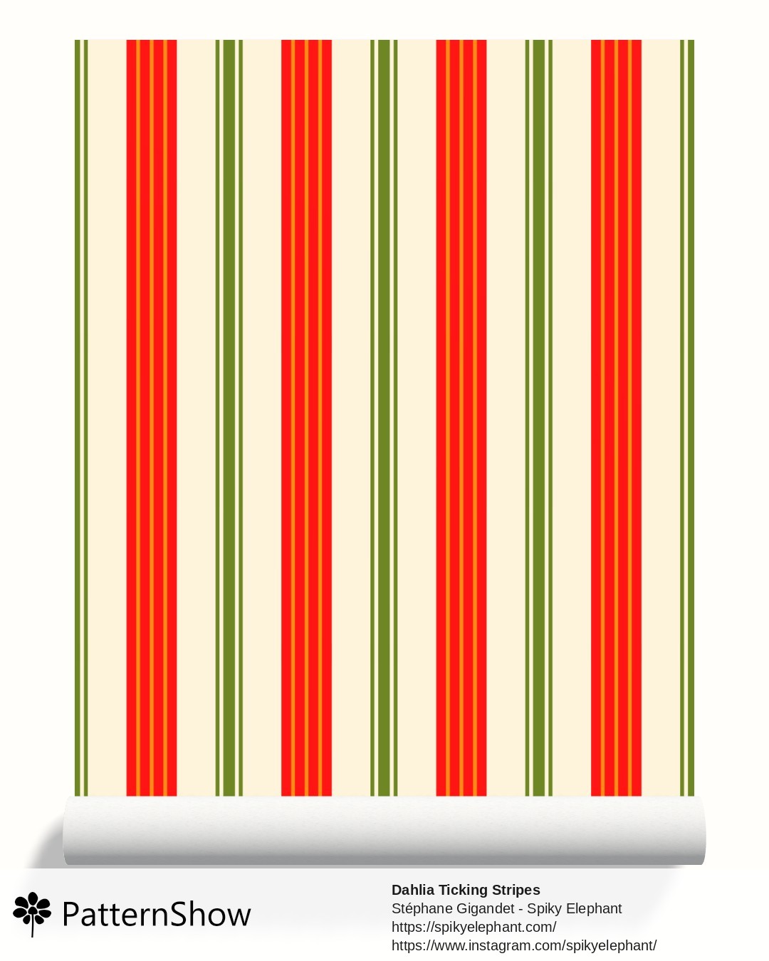 Dahlia Ticking Stripes wallpaper - dahlias-coordinates-2.red-orange-yellow-cream.3600x3600