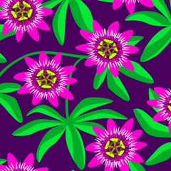 Pursue Your Passion - Passionfruit Flowers and Tropical Leaves - Hot Pink and Green on Purple Background