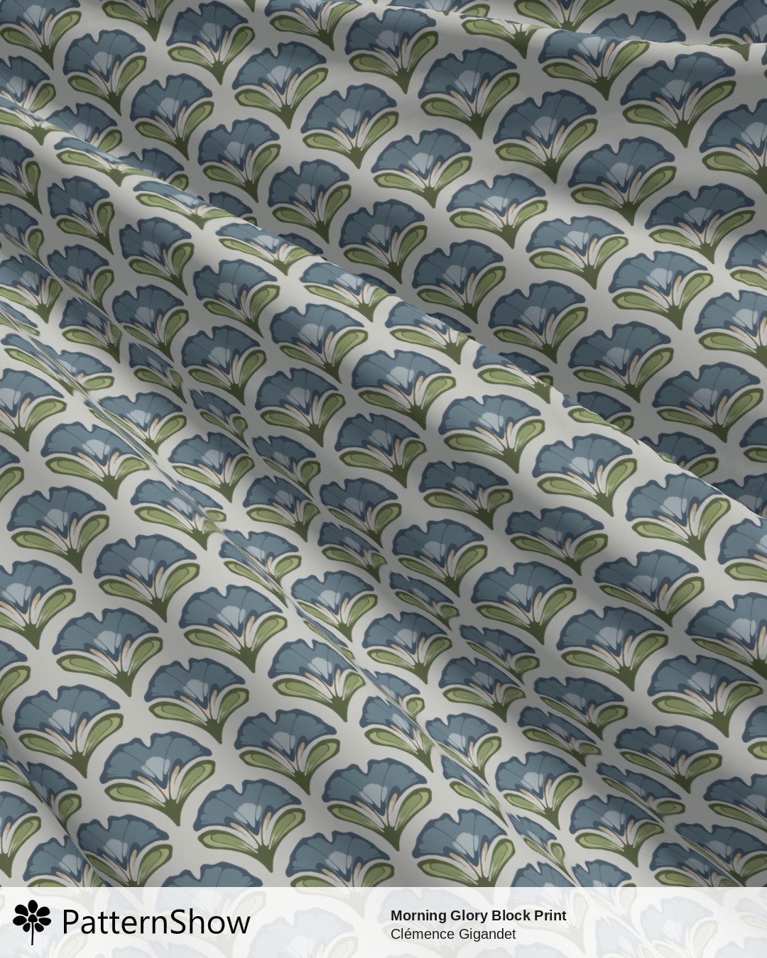 Morning Glory Block Print - Steel Grey Dusty Blue Olive Green Light Sage