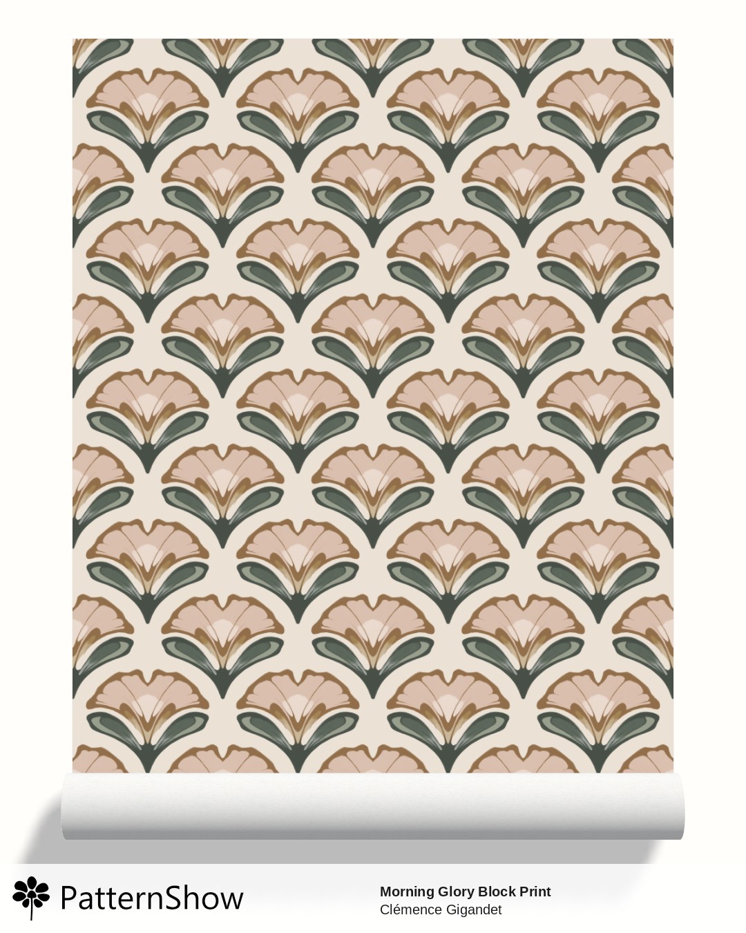 Morning Glory Block Print wallpaper - Brown Sand Tan Sage Green Beige Cream