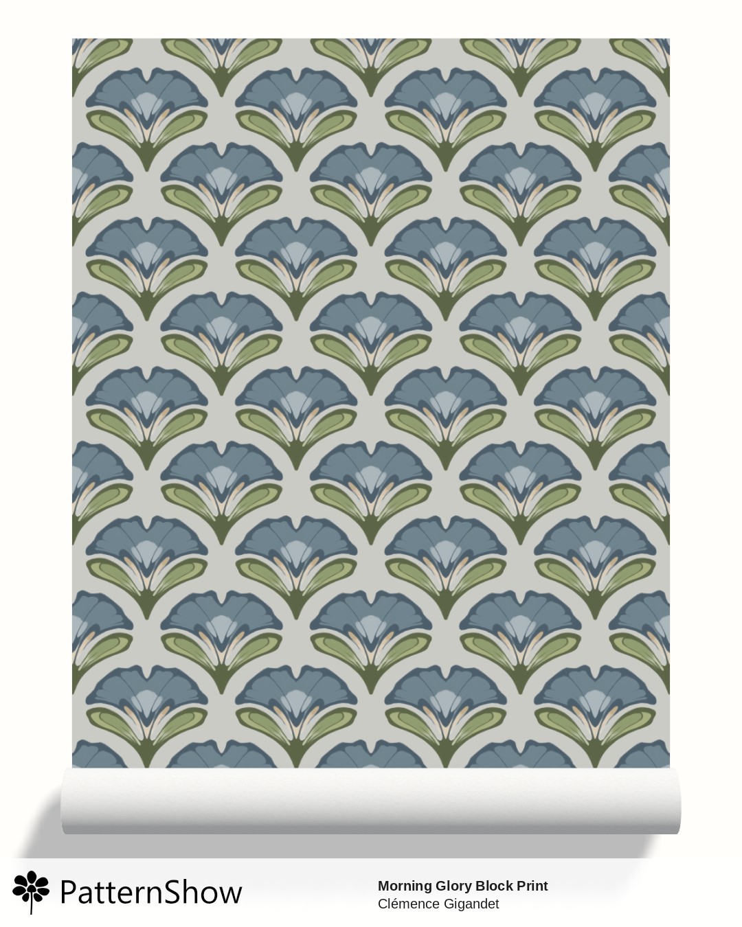Morning Glory Block Print wallpaper - Steel Grey Dusty Blue Olive Green Light Sage