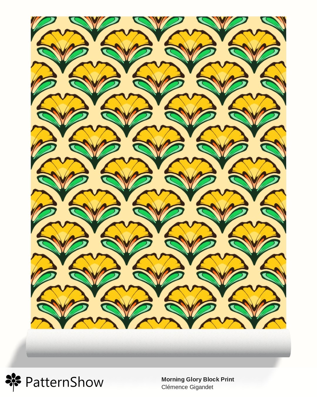Morning Glory Block Print wallpaper - Yellow Orange Green Cream