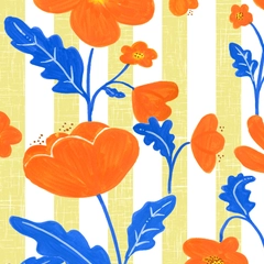 Bold Retro Orange Floral Blue Leaves on Yellow Stripes  - bold_retro_orange_blue_floral_stripe_yellow_fabric