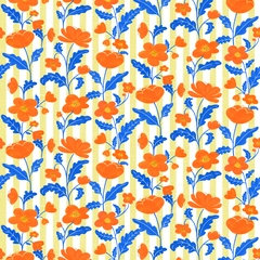 Bold Retro Orange Floral Blue Leaves on Yellow Stripes  - bold_retro_orange_blue_floral_stripe_yellow_fabric