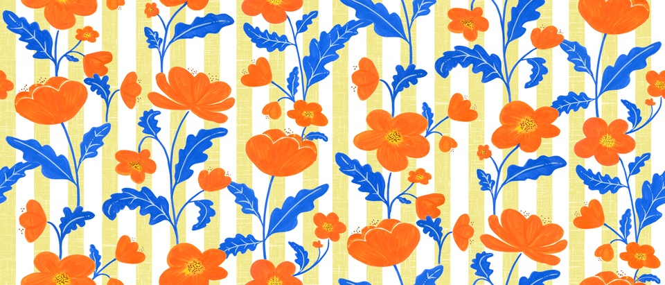 bold_retro_orange_blue_floral_stripe_yellow_fabric