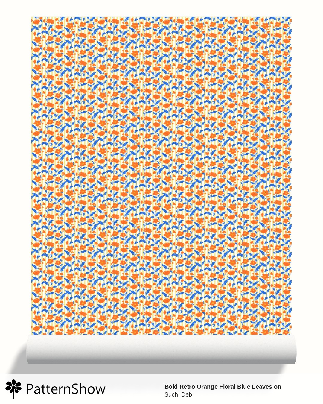 Bold Retro Orange Floral Blue Leaves on Yellow Stripes  wallpaper - bold_retro_orange_blue_floral_stripe_yellow_fabric