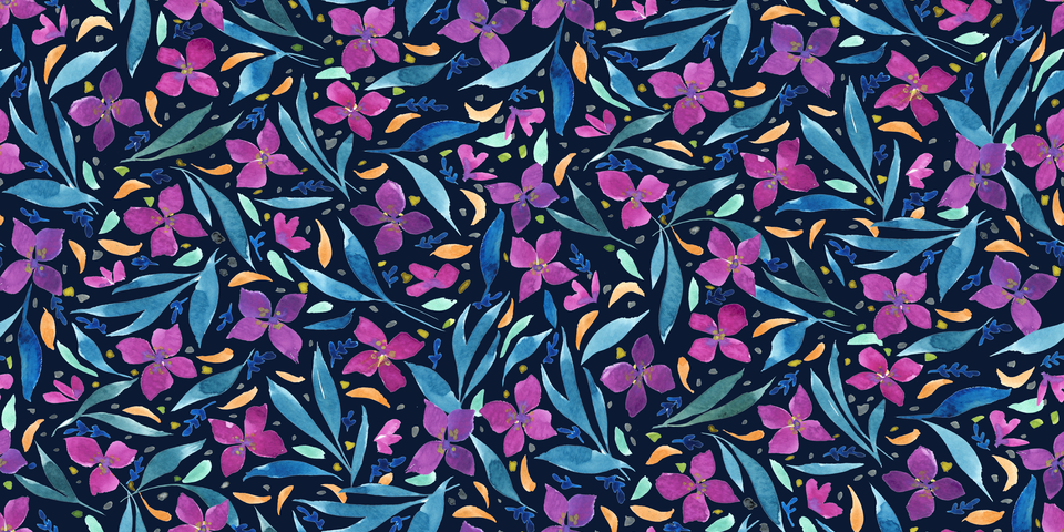 watercolor_bright_floral_allover_tossed_pattern_purple_navy_blue_bg