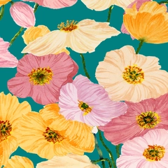 Colorful Icelandic Poppies Floral Pattern on Teal Background  - icelandic_poppies_teal_background
