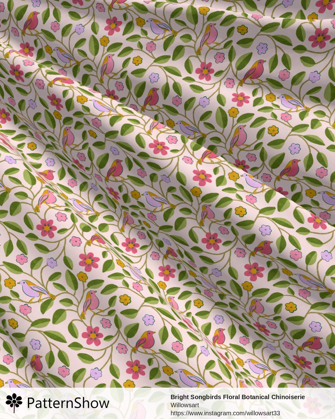 Bright Songbirds Floral Botanical Chinoiserie Mint Seafoam - Pink