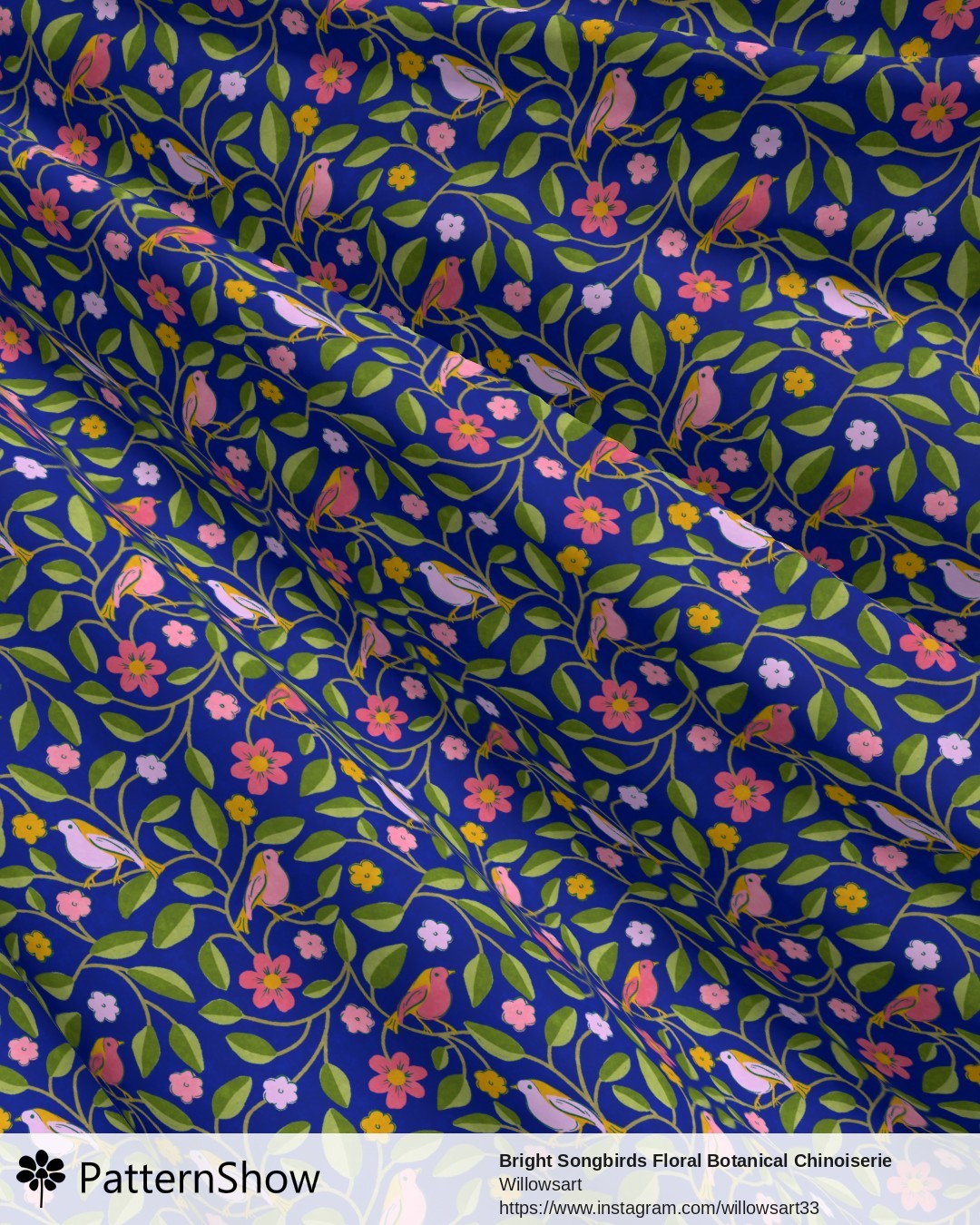 Bright Songbirds Floral Botanical Chinoiserie Mint Seafoam - Royal Blue
