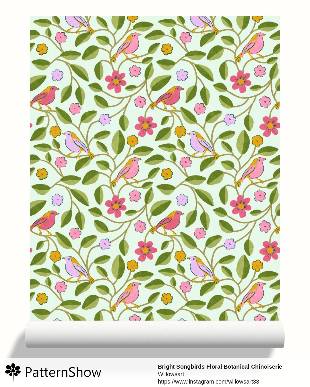 Bright Songbirds Floral Botanical Chinoiserie Mint Seafoam wallpaper - Mint Green