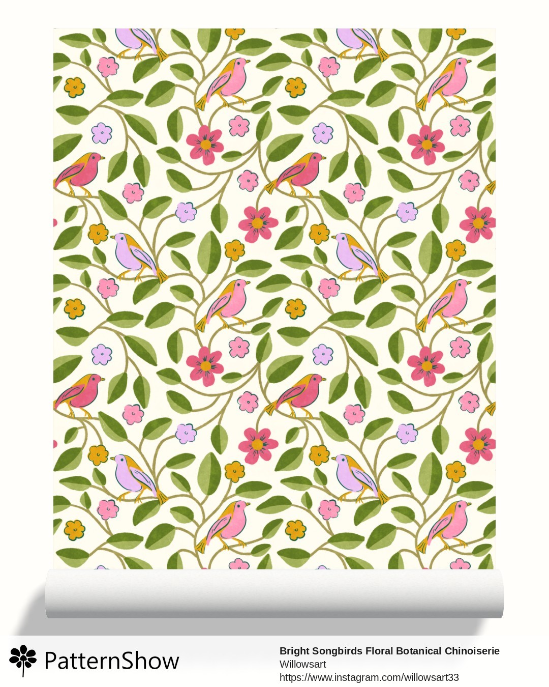 Bright Songbirds Floral Botanical Chinoiserie Mint Seafoam wallpaper - Cream
