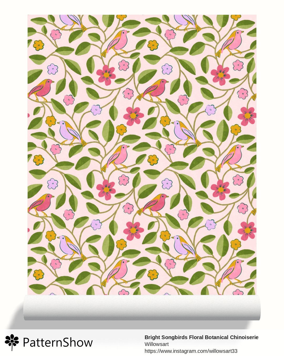 Bright Songbirds Floral Botanical Chinoiserie Mint Seafoam wallpaper - Pink