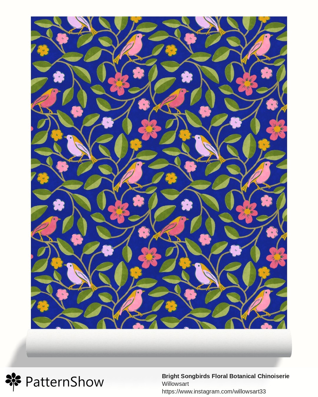 Bright Songbirds Floral Botanical Chinoiserie Mint Seafoam wallpaper - Royal Blue