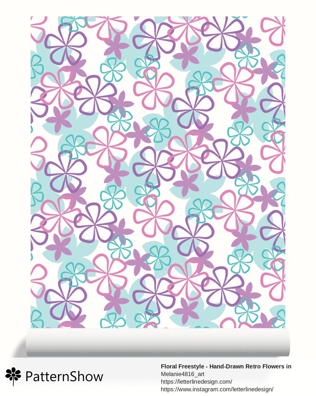 Floral Freestyle - Hand-Drawn Retro Flowers in Pink Teal & Purple wallpaper - Floral Freestyle