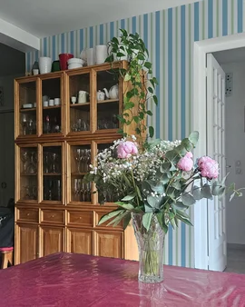 Fresh Dining Room with Blue and Green Ticking Stripes Wallpaper