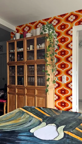 The Scream Retro Dining Room with Groovy Orange, Brown and Cream Wallpaper