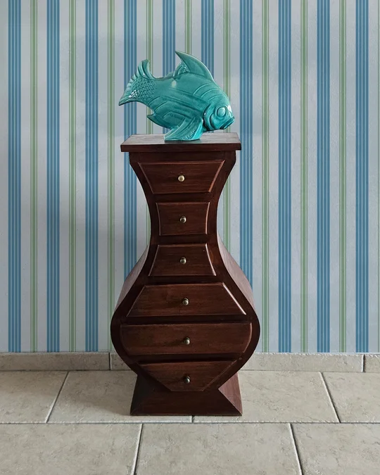 Sage Green and Ocean Blue Vertical Stripes Wallpaper in Seaside Lounge